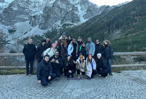 the full Study Lab group posed together at Morskie Oko, a glacial lake in the Tatra mountains