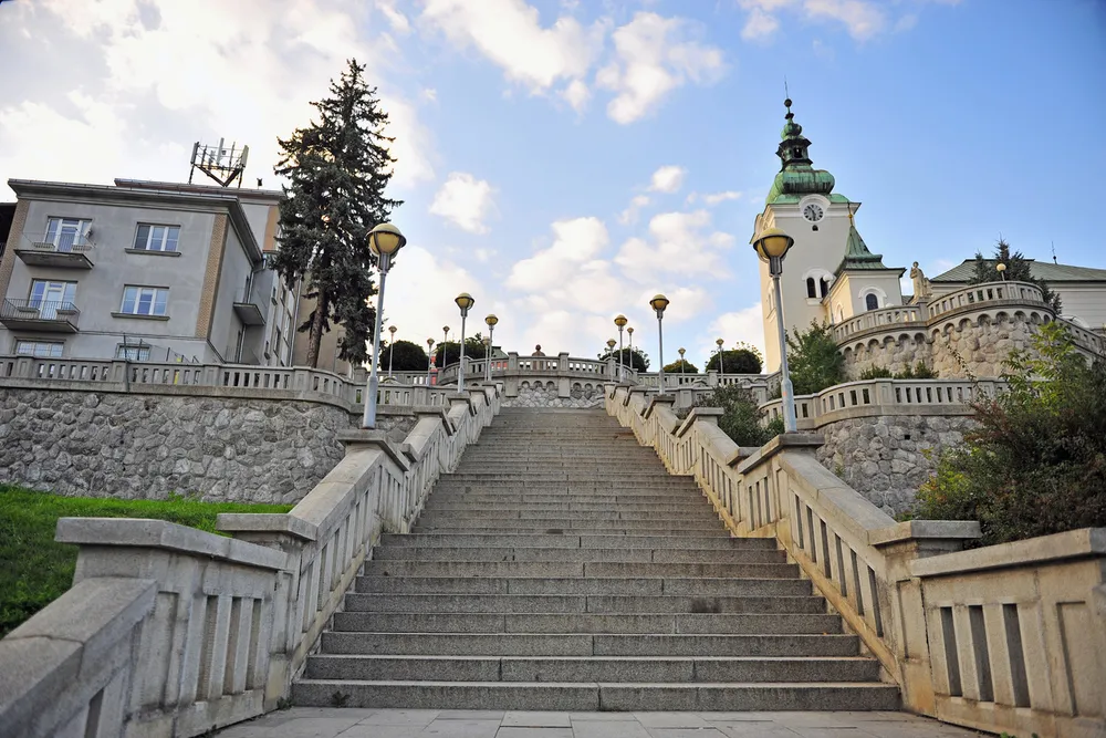 a grand stone staircase in central Ružomberok